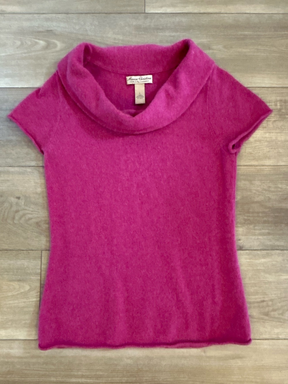 Marisa Christina 100% Cashmere Pink Short Sleeve Cowl Neck Sweater Large